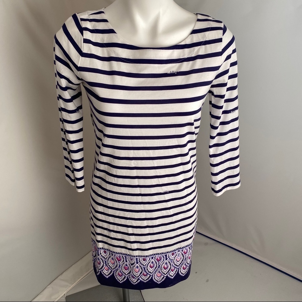 Lily Pulitzer navy blue and white stripe three quarter sleeve dress